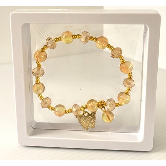 Yellow Beaded Stretch Bracelet Butterfly Charm in 3D Floating Frame Display Case - Picture 4 of 5